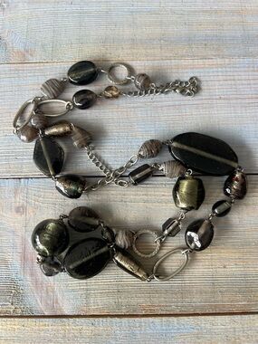 Statement Glass Beaded Necklace in Smoky Black, Taupe & Gold Tones – 17”